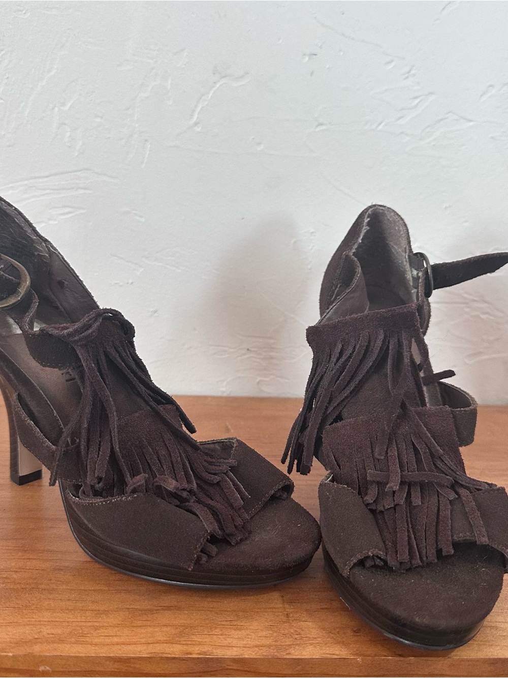 Madden Girl Dark Brown Suede Fringe High Heel Sandals